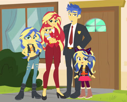 Size: 3794x3032 | Tagged: safe, artist:chuyryu, flash sentry, sunset shimmer, oc, oc:aura dawn, oc:evening glow(chuyryu), equestria girls, g4, belly button, father and child, father and daughter, female, future, high res, male, mama sunset, mother and child, mother and daughter, offspring, older, older flash sentry, older sunset, parent:flash sentry, parent:sunset shimmer, parents:flashimmer, principal sunset, ship:flashimmer, shipping, siblings, sisters, straight