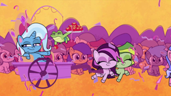 Size: 1920x1080 | Tagged: safe, screencap, gummy, lilith, quick lime, trixie, alligator, pony, unicorn, g4, g4.5, my little pony: pony life, playwright or wrong, spoiler:pony life s02e21, apple, female, food, mare, sitting, unnamed character, unnamed pony