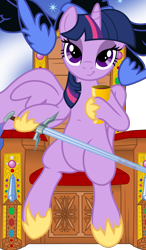 Size: 1946x3336 | Tagged: safe, artist:deyrasd, artist:salemcat, edit, vector edit, nightmare moon, twilight sparkle, alicorn, pony, g4, cropped, cup, female, goblet, hoof shoes, lidded eyes, mare, offscreen character, png, show accurate, simple background, sitting, smiling, solo focus, sword, throne, transparent background, twilight sparkle (alicorn), vector, weapon