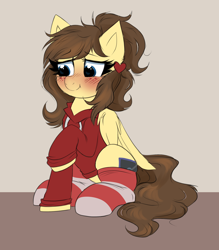 Size: 1852x2118 | Tagged: safe, artist:confetticakez, oc, oc only, oc:retro hearts, pegasus, pony, blushing, clothes, cute, female, freckles, hoodie, looking away, ocbetes, piercing, sitting, socks, solo, striped socks, wings