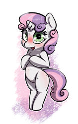 Size: 1358x2156 | Tagged: safe, artist:nottrevbe, sweetie belle, pony, unicorn, awkward smile, belly button, bipedal, blushing, cute, diasweetes, female, filly, flustered, legs together, open mouth, smiling, solo, standing on two hooves, sweat