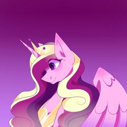Size: 1080x1080 | Tagged: safe, artist:tessa_key_, princess cadance, alicorn, pony, g4, female, gradient background, horn, jewelry, mare, peytral, smiling, solo, tiara, wings