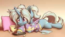 Size: 2880x1620 | Tagged: safe, artist:ohemo, trixie, pony, unicorn, alternate hairstyle, babysitter trixie, chill, clothes, cute, diatrixes, food, gameloft, gameloft interpretation, hoodie, lying down, pillow, popcorn, prone, remote