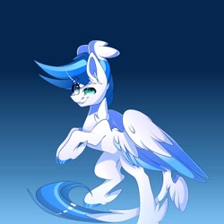 Size: 1080x1080 | Tagged: safe, artist:tessa_key_, oc, oc only, pegasus, pony, feathered fetlocks, gradient background, hoof polish, pegasus oc, rearing, smiling, solo, two toned wings, wings