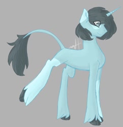 Size: 1080x1114 | Tagged: safe, artist:random_glitter_productions, oc, pony, unicorn, gray background, horn, leonine tail, male, signature, simple background, smiling, stallion, unicorn oc, unshorn fetlocks