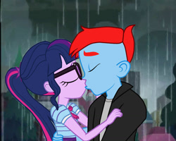 Size: 1280x1022 | Tagged: safe, artist:brandonthebronypony, sci-twi, twilight sparkle, oc, equestria girls, g4, canon x oc, duo, female, kiss on the lips, kissing, male, rain, shipping, straight
