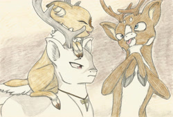 Size: 2981x2012 | Tagged: safe, artist:cindertale, oc, oc only, oc:cinder, deer, reindeer, :p, antlers, brothers, bust, derp, ear fluff, high res, jewelry, male, necklace, riding, siblings, tongue out, traditional art, unamused