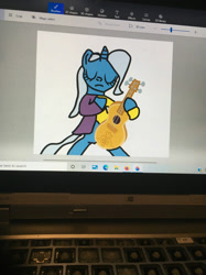 Size: 1280x1707 | Tagged: safe, artist:sugarbugjewelpet, trixie, pony, unicorn, g4, bipedal, clothes, eyes closed, female, guitar, hoof hold, mare, musical instrument, photo, picture of a screen, shirt, simple background, solo, white background