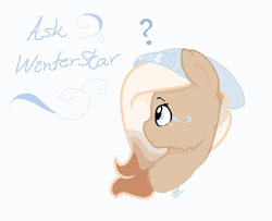 Size: 844x684 | Tagged: safe, artist:cookietasticx3, oc, oc only, oc:winter star, pegasus, pony, ask, beanie, bust, female, hat, mare, pegasus oc, simple background, solo, white background