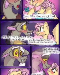 Size: 540x676 | Tagged: safe, artist:cocolove2176, discord, fluttershy, draconequus, pegasus, pony, comic:fluttering chaos, g4, blushing, clothes, colored hooves, comic, dress, female, gala dress, looking at each other, male, mare, raised hoof, ship:discoshy, shipping, smiling, straight