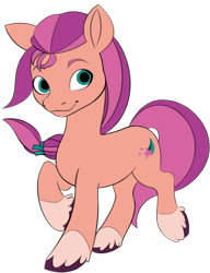 Size: 655x853 | Tagged: safe, artist:108fiona8fay, sunny starscout, earth pony, pony, g5, braid, female, mare, raised hoof, simple background, smiling, solo, transparent background, unshorn fetlocks