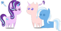 Size: 4086x2080 | Tagged: safe, artist:estories, edit, editor:slayerbvc, vector edit, starlight glimmer, trixie, pony, unicorn, g4, bald, casual nudity, female, furless, furless edit, mare, nudity, pointy ponies, ponysuit, simple background, transparent background, trixie suit, vector