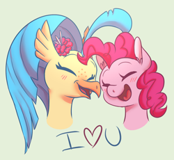 Size: 1174x1080 | Tagged: safe, artist:mayaliicious, pinkie pie, princess skystar, classical hippogriff, hippogriff, pegasus, pony, g4, bust, female, lesbian, ship:skypie, shipping