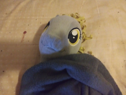 Size: 1080x810 | Tagged: safe, derpy hooves, pegasus, pony, g4, bed, blanket, blood, cute, irl, photo, plushie, stain, under blanket, wholesome