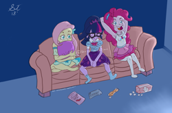 Size: 2180x1440 | Tagged: safe, artist:tenshihoshino, fluttershy, pinkie pie, sci-twi, twilight sparkle, equestria girls, g4, barefoot, chips, clothes, couch, dress, feet, food, glasses, missing shoes, movie night, pillow, popcorn, scared, skirt, sleeping, snacks, socks, stocking feet, varying degrees of want, wrapper
