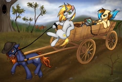 Size: 1354x914 | Tagged: safe, artist:megabait, oc, oc only, oc:mega voltage, oc:megabait, pony, carriage, merchant, road, trading wagon, wagon