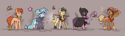 Size: 1933x557 | Tagged: safe, artist:rexyseven, oc, oc only, oc:drillie stone, oc:rusty gears, oc:whispy slippers, earth pony, pony, unicorn, clothes, glasses, multiple heads, scarf, slippers, socks, striped socks, sweater, two heads