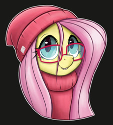 Size: 743x826 | Tagged: safe, artist:ikarooz, fluttershy, pegasus, pony, g4, beanie, black background, braces, bust, clothes, cute, female, glasses, hat, looking at you, mare, outline, portrait, shyabetes, simple background, smiling, solo, stray strand, sweater, sweatershy, teenager, turtleneck, white outline, younger