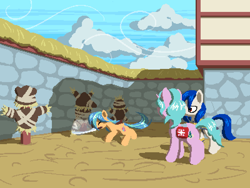 Size: 800x600 | Tagged: safe, artist:rangelost, oc, oc only, oc:healing spring, oc:sapphire kite, earth pony, pony, unicorn, cyoa:d20 pony, dummy, female, mare, mouth hold, outdoors, pixel art, sword, training dummy, weapon