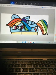 Size: 1280x1707 | Tagged: safe, artist:sugarbugjewelpet, rainbow dash, pegasus, pony, g4, 1000 hours in ms paint, female, fishcake, food transformation, mare, photo, picture of a screen, simple background, solo, transformation, white background