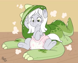 Size: 4924x3970 | Tagged: safe, artist:cuddlehooves, oc, oc only, oc:fossil fluster, earth pony, pony, age regression, animal costume, animal onesie, baby, baby pony, clothes, costume, diaper, dinosaur costume, foal, kigurumi, onesie, poofy diaper
