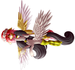 Size: 2526x2374 | Tagged: safe, artist:mediasmile666, oc, oc only, pegasus, pony, choker, clothes, duo, female, floral head wreath, flower, high res, looking at each other, mare, simple background, socks, spread wings, striped socks, transparent background, two toned wings, wings