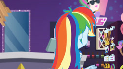Size: 3410x1920 | Tagged: safe, screencap, rainbow dash, dashing through the mall, equestria girls, equestria girls specials, g4, my little pony equestria girls: better together, my little pony equestria girls: holidays unwrapped, clothes, cutie mark, cutie mark on clothes, female, geode of super speed, hoodie, jewelry, magical geodes, necklace, rear view, solo