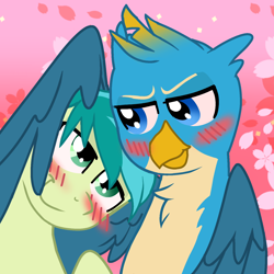 Size: 1378x1378 | Tagged: safe, artist:melonmilk, derpibooru exclusive, gallus, sandbar, earth pony, griffon, pony, g4, abstract background, blushing, blushing profusely, chest fluff, cute, folded wings, gallabetes, gay, hug, looking at each other, male, sandabetes, ship:gallbar, shipping, smiling, spread wings, winghug, wings