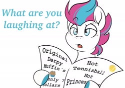 Size: 2048x1448 | Tagged: safe, artist:balychen, zipp storm, pegasus, pony, g5, comic, dialogue, female, hoof hold, mare, newspaper, open mouth, simple background, solo, text, unshorn fetlocks, white background
