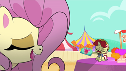 Size: 2224x1251 | Tagged: safe, screencap, flam, fluttershy, pegasus, pony, unicorn, g4, g4.5, lolly-pop, my little pony: pony life, female, giant pony, giantess, giantshy, macro