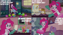 Size: 1280x720 | Tagged: safe, edit, edited screencap, editor:quoterific, screencap, lily pad (g4), pinkie pie, equestria girls, equestria girls series, g4, pinkie sitting, balloon, clothes, cute, cutie mark, cutie mark on clothes, diapinkes, female, flour, geode of sugar bombs, hat, jewelry, magical geodes, necklace, open mouth, party hat, smiling, tank top