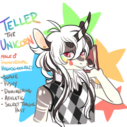 Size: 900x900 | Tagged: safe, artist:lavvythejackalope, oc, oc only, unicorn, anthro, abstract background, book, bust, curved horn, horn, male, reference sheet, smiling, solo, unicorn oc