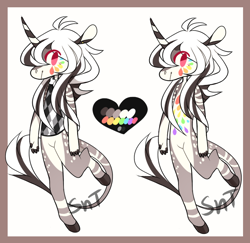 Size: 720x699 | Tagged: safe, artist:sweet-n-treat, oc, oc only, unicorn, anthro, unguligrade anthro, abstract background, duo, heart, horn, male, signature, smiling, unicorn oc
