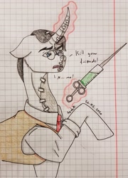Size: 2465x3419 | Tagged: safe, artist:agdapl, pony, unicorn, bust, clothes, glasses, glowing horn, graph paper, high res, horn, magic, male, medic, medic (tf2), necktie, ponified, raised hoof, signature, stallion, stitched body, stitches, talking, team fortress 2, telekinesis, traditional art
