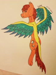 Size: 2750x3667 | Tagged: safe, artist:agdapl, pegasus, pony, flying, high res, looking back, male, ponified, scout (tf2), signature, stallion, team fortress 2, traditional art, two toned wings, wings