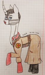 Size: 2023x3343 | Tagged: safe, artist:agdapl, pony, unicorn, boots, clothes, face mask, glasses, graph paper, high res, horn, male, mask, medic, medic (tf2), ponified, raised hoof, shoes, signature, stallion, team fortress 2, traditional art