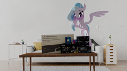 Size: 1920x1080 | Tagged: safe, artist:dianetgx, silverstream, g4, 3d, 3d render, boxes, excited, grin, happy, living room, smiling, source filmmaker, table, unboxing