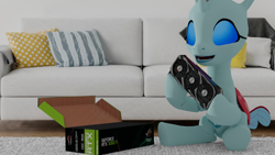 Size: 1920x1080 | Tagged: safe, artist:dianetgx, ocellus, changedling, changeling, g4, 3d, box, couch, graphics card, holding, looking at you, nvidia, sitting, smiling, smiling at you, unboxing