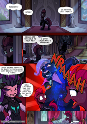 Size: 1204x1700 | Tagged: safe, artist:tarkron, starlight glimmer, storm king, tempest shadow, trixie, bear, pony, unicorn, ursa, ursa minor, yeti, comic:shadows of the past (tarkron), series:creature-verse, g4, my little pony: the movie, bearified, broken horn, cape, clothes, comic, commission, dream, gemstones, hat, horn, implied spike, implied twilight sparkle, indoors, nightmare, post traumatic stress disorder, ptsd, scar, size difference, species swap, speech bubble, staff, staff of sameness, traumatized, trixie's cape, trixie's hat, twilight's castle, ursa trixie