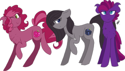 Size: 2251x1287 | Tagged: safe, artist:gallantserver, oc, oc only, oc:blackberry pie, oc:huckleberry pie, oc:raspberry sugarcane, earth pony, pony, concave belly, female, magical lesbian spawn, male, mare, offspring, parent:pinkie pie, parent:tempest shadow, parents:tempestpie, stallion