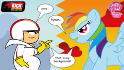 Size: 2174x1224 | Tagged: safe, artist:avellante, rainbow dash, pegasus, pony, g4, angry, crossover, kick buttowski, kick buttowski suburban daredevil, looking up, my little pony logo, speech bubble, switched backgrounds
