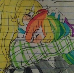 Size: 533x527 | Tagged: artist needed, source needed, safe, applejack, rainbow dash, human, g4, female, humanized, lesbian, ship:appledash, shipping