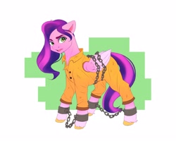 Size: 4096x3277 | Tagged: safe, artist:galinn-arts, pipp petals, pegasus, pony, g5, abstract background, bound wings, chained, chains, clothes, cuffs, female, floppy ears, frustrated, high res, mare, open mouth, prison outfit, prisoner, prisoner pipp, shackles, solo, unshorn fetlocks, wings