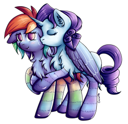 Size: 3462x3362 | Tagged: safe, artist:coco-drillo, rainbow dash, rarity, pegasus, pony, unicorn, g4, alternate hairstyle, blushing, cheek kiss, chest fluff, clothes, commission, couple, cute, ear fluff, eyes closed, female, floppy ears, high res, hug, kissing, lesbian, ship:raridash, shipping, simple background, smooch, socks, stockings, striped socks, thigh highs, transparent background, winghug, wings