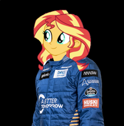 Size: 649x656 | Tagged: safe, edit, sunset shimmer, equestria girls, g4, mclaren, racing suit, smiling, solo