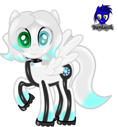 Size: 3840x4154 | Tagged: safe, artist:damlanil, oc, oc:cold front, latex pony, original species, pegasus, pony, boots, clothes, collar, commission, cutie mark accessory, cutie mark collar, heterochromia, high res, latex, latex suit, male, rubber, rubber drone, shiny, shiny mane, shoes, show accurate, stallion, suit, transformation, vector, wings