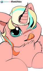 Size: 1335x2224 | Tagged: safe, artist:cosmiclitgalaxy, oc, oc only, oc:peach tea, pony, chest fluff, commission, cute, solo, tongue out, ych result