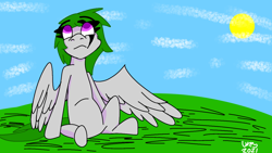 Size: 1200x675 | Tagged: safe, artist:ukedideka, oc, oc only, oc:quizzical aphre, pegasus, pony, blue sky, cloud, grass, looking up, purple eyes, redraw, sitting, smiling, solo, spread wings, wings