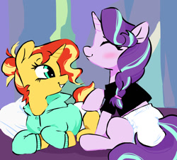 Size: 1280x1152 | Tagged: safe, artist:onc3l3rphobix, starlight glimmer, sunset shimmer, pony, unicorn, g4, blushing, clothes, diaper, diaper fetish, fetish, hoodie, non-baby in diaper, pillow, sitting, sleepover