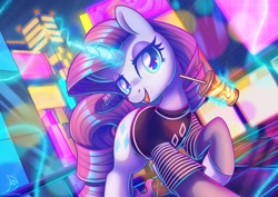 Size: 3508x2480 | Tagged: safe, artist:wavecipher, rarity, pony, unicorn, 80s, city, clothes, cup, drink, drinking straw, eyeshadow, female, glowing horn, heart, heart eyes, high res, horn, jpg, levitation, lidded eyes, looking at you, magic, makeup, mare, neon, nostalgia, open mouth, raised hoof, raised leg, shirt, smiling, solo, straw, telekinesis, wingding eyes